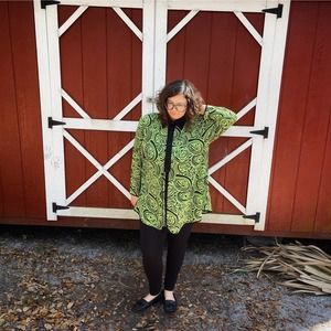 Vintage 80s Foxy Sheer Swirl Print Tunic Front Slit Neon Green Navora Volup L XL